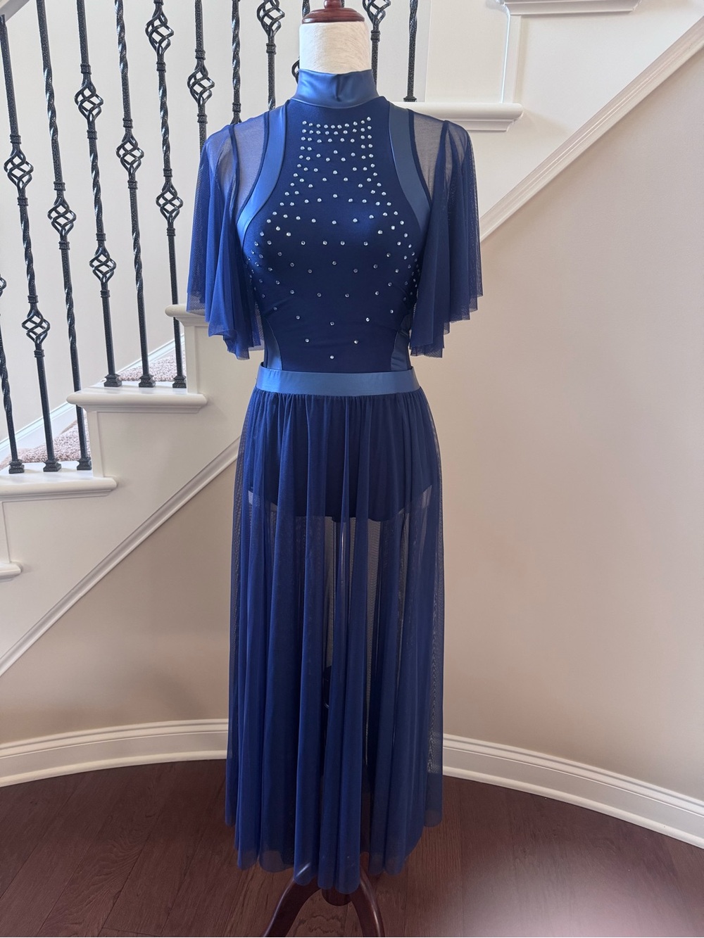 Sheer Navy Blue Mesh 2 piece Dress with Rhinestone Bodice